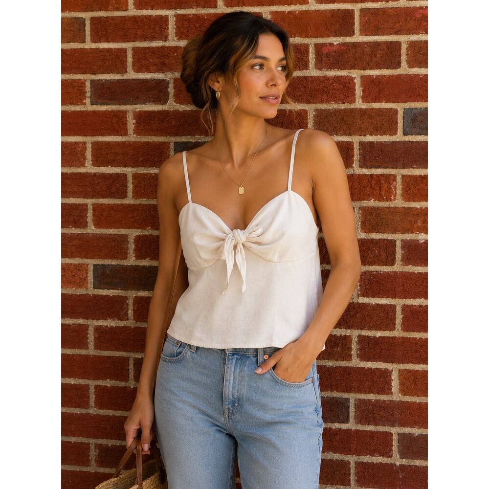 Y2K White Tie Front Cami Top One Size Coquette Minimal Summer Crop Tank - Picture 2 of 8